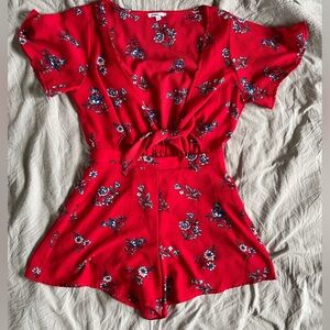 Subdued Red & Blue Floral Print Romper with Cutout